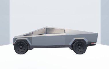Los Angeles, Uluslararası Otomobil Fuarı. 21 Kasım 2019. Tesla Cybertruck 'ın illüstrasyon başyazısı. 3d illüstrasyon