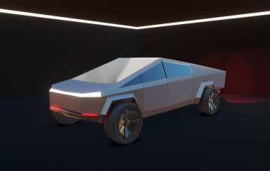 Los Angeles, Uluslararası Otomobil Fuarı. 21 Kasım 2019. Tesla Cybertruck 'ın illüstrasyon başyazısı. 3d illüstrasyon