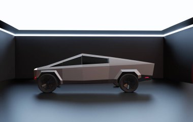 Los Angeles, Uluslararası Otomobil Fuarı. 21 Kasım 2019. Tesla Cybertruck 'ın illüstrasyon başyazısı. 3d illüstrasyon