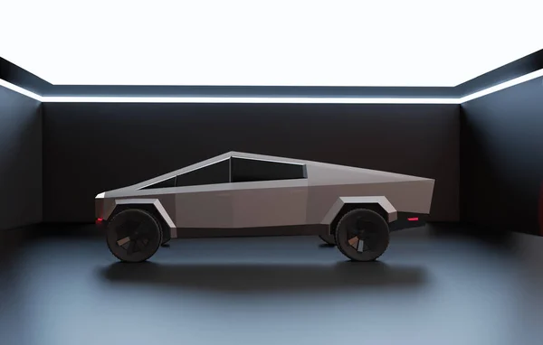 Los Angeles, Uluslararası Otomobil Fuarı. 21 Kasım 2019. Tesla Cybertruck 'ın illüstrasyon başyazısı. 3d illüstrasyon