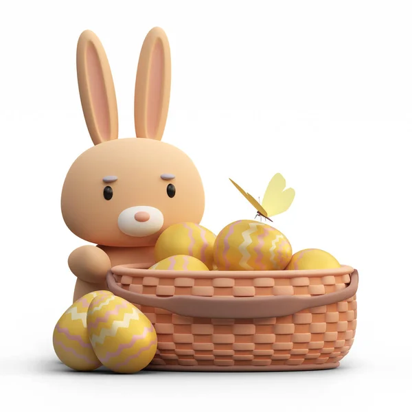 Velikonoční Zajíček Košíkem Nebo Košem Vejci Bílém Pozadí Ilustrace — Stock fotografie