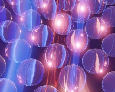 Cam kürelerden, sabun köpüklerinden soyut bir arkaplan. 3d illüstrasyon