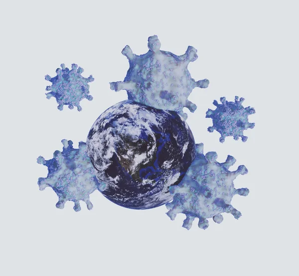 病毒细胞攻击行星 危险病毒Covid 19或Coronavirus全球大流行病概念从白色背景分离出来 3D插图 — 图库照片
