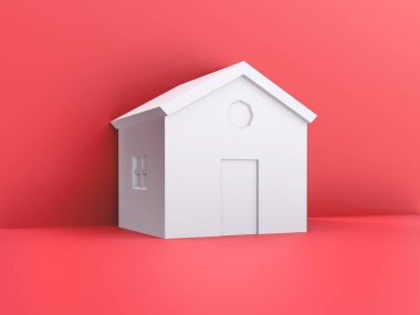 Kırmızı arka planda beyaz kağıt ustalarının resmi. Gayrimenkul, ev ya da yeni ev arıyorum. 3d illüstrasyon