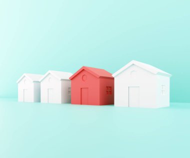Diğerleri arasında en gözde olanı. Beyazların arasında kırmızı ev. 3d illüstrasyon