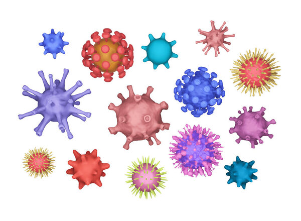 Different kinds of viruses, coronavirus, COVID-19, herpes. Biology organisms backdrop in collage style. Many different viruses on a white background. Background for presentation. Pathogen viruses. 3d illustration