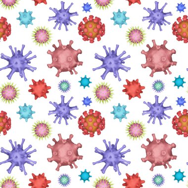 Seamless patern of Different kinds of viruses, coronavirus, herpes. Biology organisms backdrop in collage style. Many varios viruses on a white background. Background for presentation. 3d illustration clipart