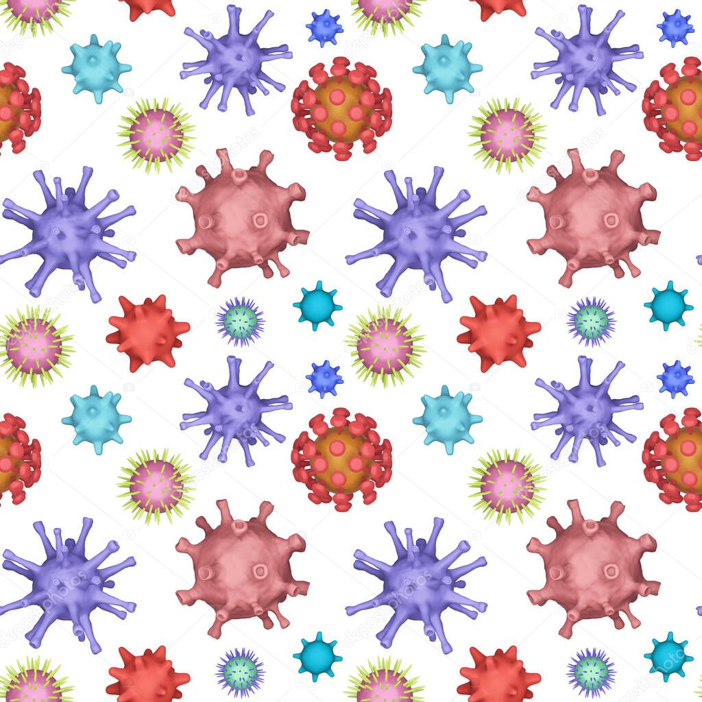 Seamless patern of Different kinds of viruses, coronavirus, herpes. Biology organisms backdrop in collage style. Many varios viruses on a white background. Background for presentation. 3d illustration