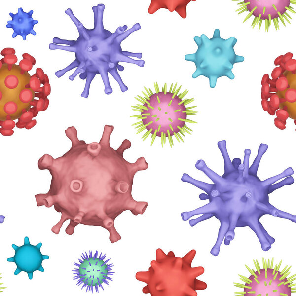 Seamless patern of Different kinds of viruses, coronavirus, herpes. Biology organisms backdrop in collage style. Many varios viruses on a white background. Background for presentation. 3d illustration
