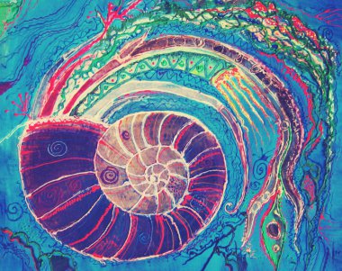 Fantezi soyut renkli Nautilus yumuşakçaları - Nautilus pompilius, el çizimi