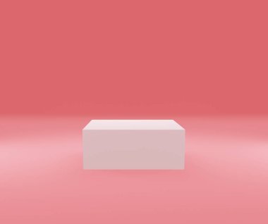 Gösteri için dikdörtgen kutu, pembe duvar ve zemin, beyaz podyum standı, üç boyutlu soyut arka plan, minimum moda konsepti, boş ürün vitrini standı. 3d illüstrasyon