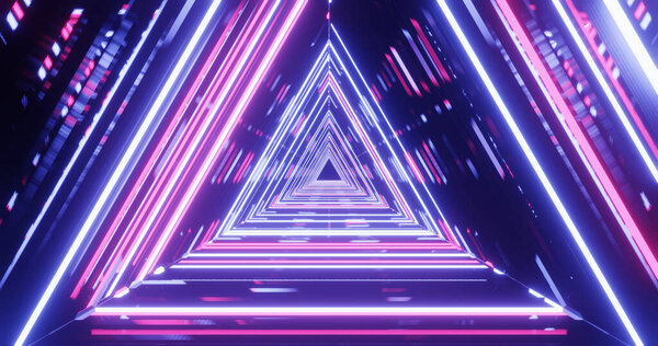 Абстрактный футуристический коридор с треугольниками, флуоресцентный ультрафиолетовый свет, красочные лазерные неоновые линии, геометрический бесконечный тоннель, синий розовый спектр, 3d иллюстрация
