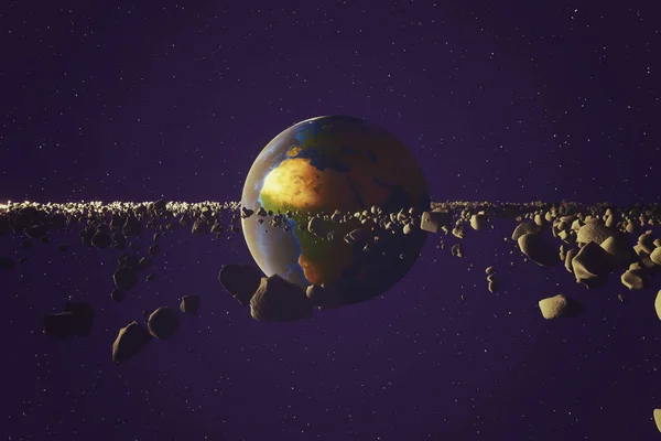 环状的陨石 围绕着地球的小行星 幻想3D地球启示录说明 — 图库照片