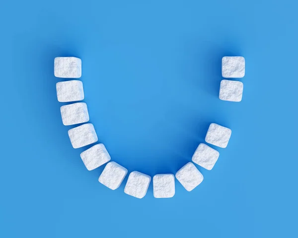 Zähne Aus Zuckerwürfeln Auf Blauem Hintergrund Ein Zahn Fehlt Süße — Stockfoto