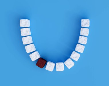 Mavi arkaplandaki küp şekerlerden dişler, esmer şeker dişleri, tatlıya düşkünlük konsepti. Şeker diş çürüğünün sebebidir. 3d hazırlayıcı