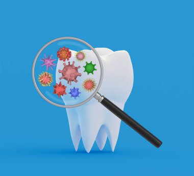 Tooth bacteria under a magnifying glass. Research and diagnosis of teeth diseases concept. Tooth with abstract viruses and bacterias under magnifier. 3d illustration clipart