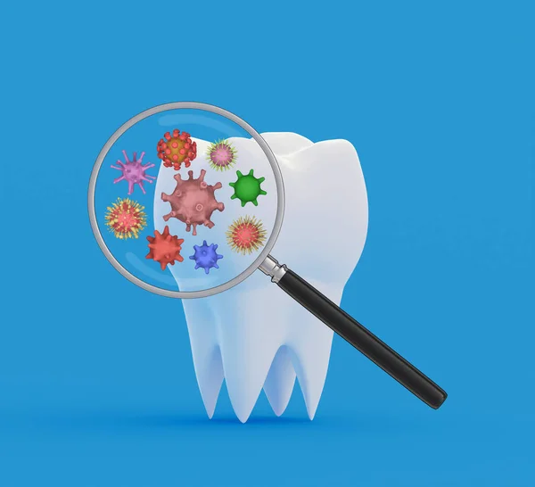 放大镜下的牙齿细菌 牙齿疾病概念的研究与诊断 在放大镜下带有抽象病毒和细菌的牙齿 3D说明 — 图库照片