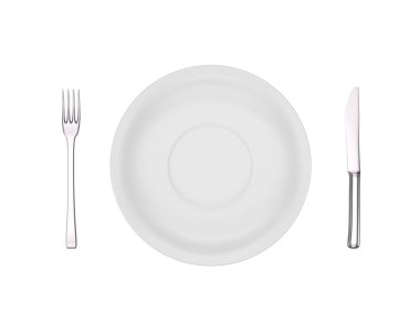 Boş yemek tabağı, çatal ve bıçak beyaza izole edilmiş, yukarıdan manzara. 3d hazırlayıcı