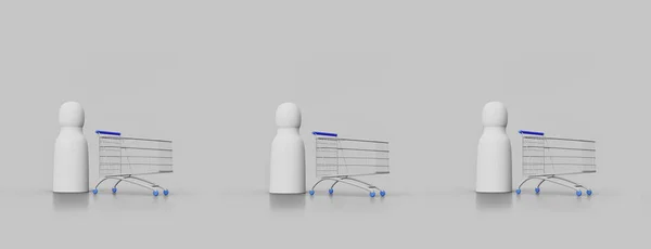 スーパーでは1 2メートルの距離を保ちます ショッピングカートが空の抽象的な男性 コロナウイルスの流行の間あなたの距離を保ちなさい 3Dイラスト — ストック写真