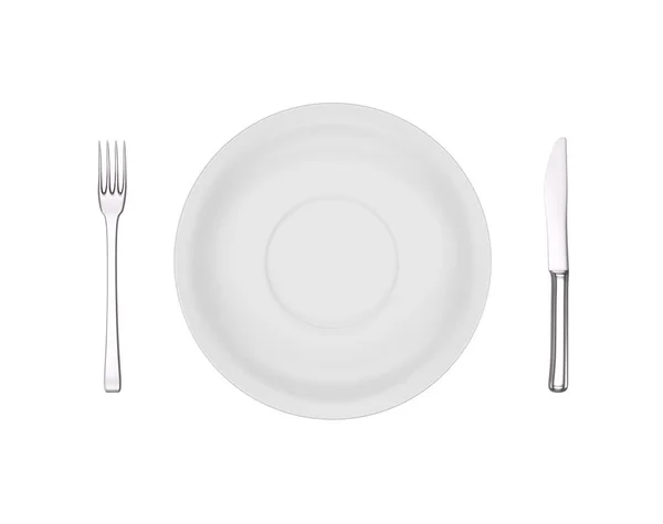 Empty Dinner Plate Fork Knife Isolated White View Render — Stock Photo, Image