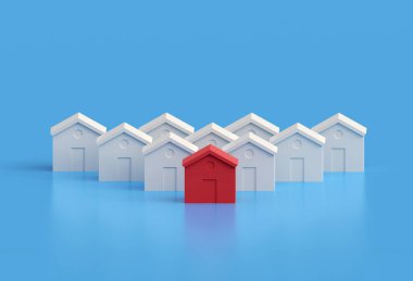 Diğerleri arasında ateşli mülkiyet, beyazlar arasında kırmızı ev. Birçok ev kırmızıdır. 3d illüstrasyon