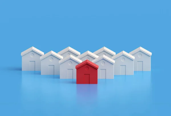 他の間で熱いプロパティは 白の間で赤い家 多くの家は赤です 3Dイラスト — ストック写真