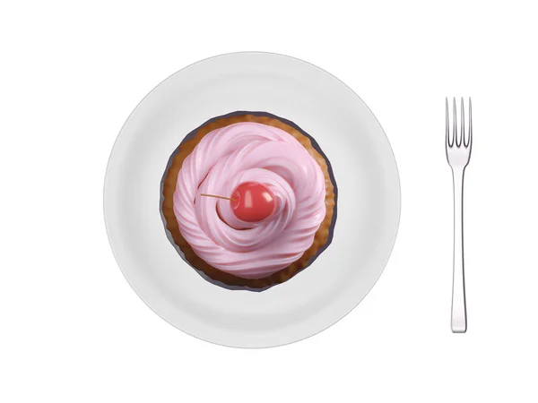 Finom Ízletes Sütemény Rózsaszín Cukormázzal Tetején Cseresznyével Készen Gyerekek Partijára — Stock Fotó