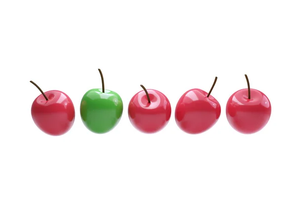 One Green Cherry Red Cherries Dissent Think Different Concept Illustration — Stock Photo, Image