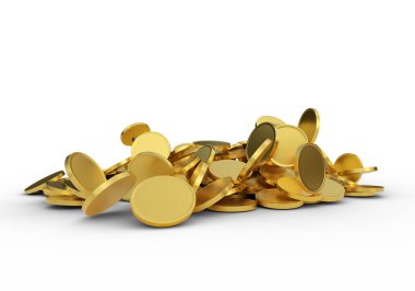 Altın sikkeler bir uçağa saçılmış, beyaz arka planda izole edilmiş, 3 boyutlu.