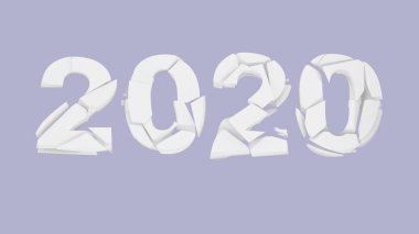 2020 'de beyaz arka planda kırılmış. 2020 sayısı yok edildi - 2020 yılının eski yılını ya da 2020 yılının bunalımını temsil ediyor - piyasa düşüşü ve salgını. 3d illüstrasyon