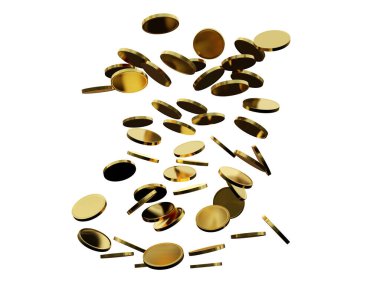 Altın sikkeler uçuyor, beyaz arka planda izole edilmiş, 3D renkte.