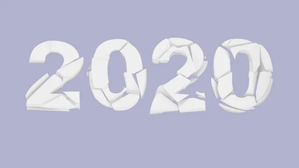 2020 'de beyaz arka planda kırılmış. 2020 sayısı yok edildi - 2020 yılının eski yılını ya da 2020 yılının bunalımını temsil ediyor - piyasa düşüşü ve salgını. 3d illüstrasyon