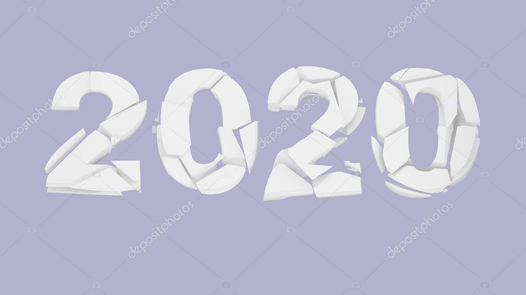 broken 2020 year over white background. The number 2020 is destroyed - represents the old year 2020 or depression of 2020 year - market decline and pandemic. 3d illustration