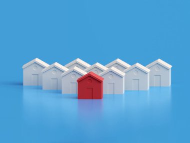 Diğerleri arasında ateşli mülkiyet, beyazlar arasında kırmızı ev. Gayrimenkul fiyatlarında artış. Birçok ev kırmızıdır. 3d illüstrasyon