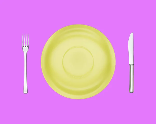 Yellow Empty Dinner Plate Fork Knife Isolated Pink Background Preparation — Stock Photo, Image