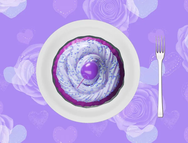 Köstliche Leckere Cupcake Mit Violettem Sahnehäubchen Und Kirsche Bereit Für — Stockfoto