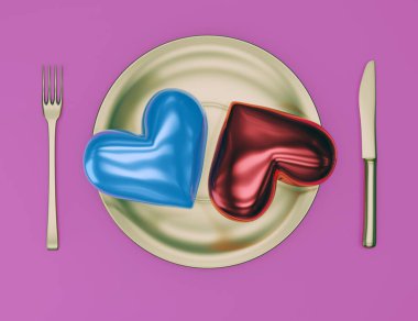 Tabakta iki kalp, bıçak ve çatal. İlişki kavramı. 3d illüstrasyon