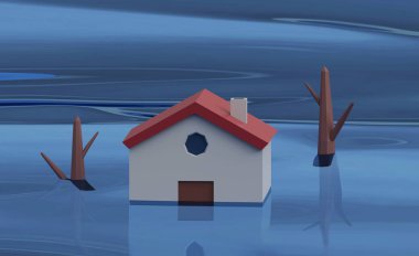 Evi yükselen suyla dolduruyor. 3d oluşturma