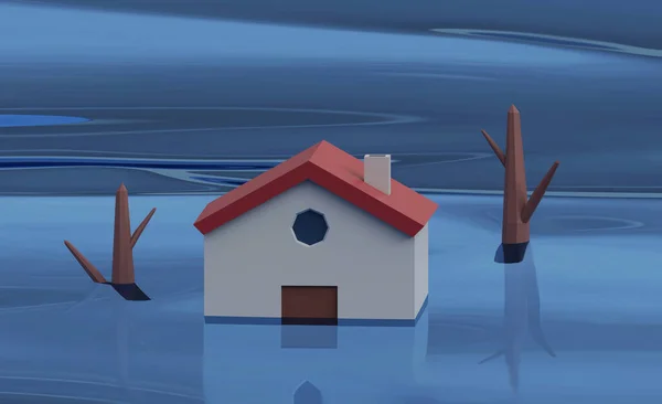 上昇する水で家を浸水させ 3Dレンダリング — ストック写真