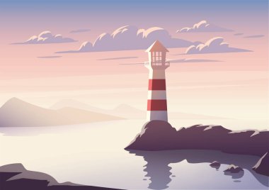 Deniz feneri resimli vektör manzarası. Denizde gün batımı.