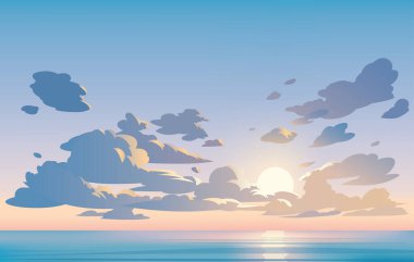 Vector manzara gökyüzü bulutları. Gün batımı. Anime temiz stil. Arkaplan tasarımı