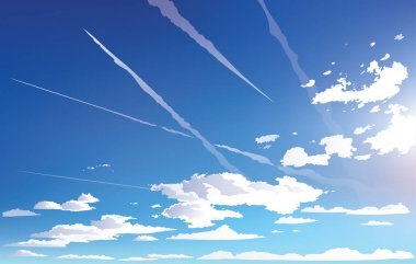 Vektör manzara gökyüzü bulutlar. Gökyüzünde uçak. karikatür anime tarzı. Arka plan tasarımı