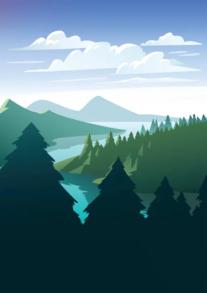 Vector landscape with a river among the forest. Flat style illustration.