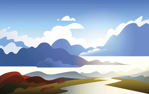 Vector Illustratie Van Gestileerd Natuurlijk Landschap Met Een Rivier Minimalistische — Stockvector