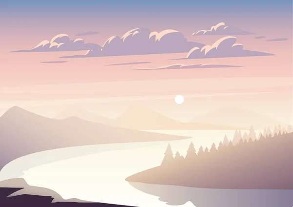 Paisaje Vectorial Con Río Entre Ilustración Del Bosque Puesta Sol — Archivo Imágenes Vectoriales