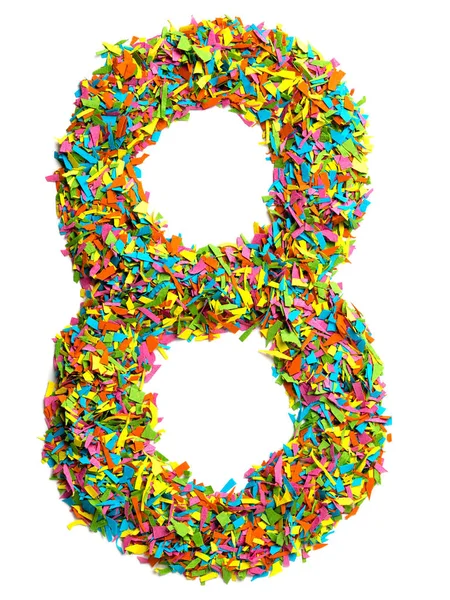 Big Number Eight Digit Made Colourful Paper Confetti Isolated White — 스톡 사진