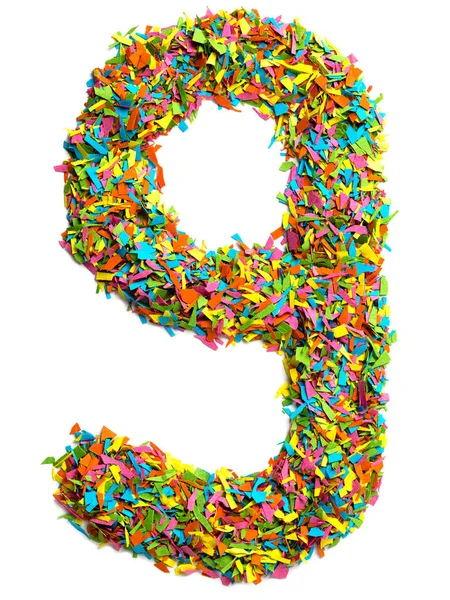 Gran Número Nueve Dígito Hecho Confeti Papel Colorido Aislado Sobre —  Fotos de Stock