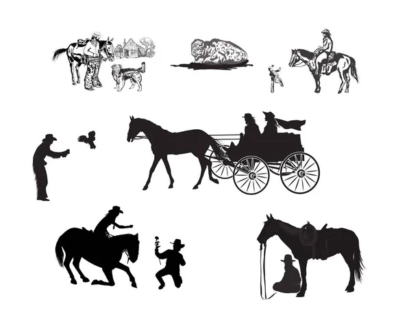 Figuren Von Cowboys Pferd Mit Einem Vogel Mit Einem Hund — Stockvektor