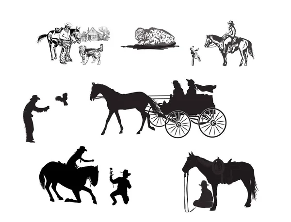 Figures Cowboys Horseback Bird Dog Stock Illustration