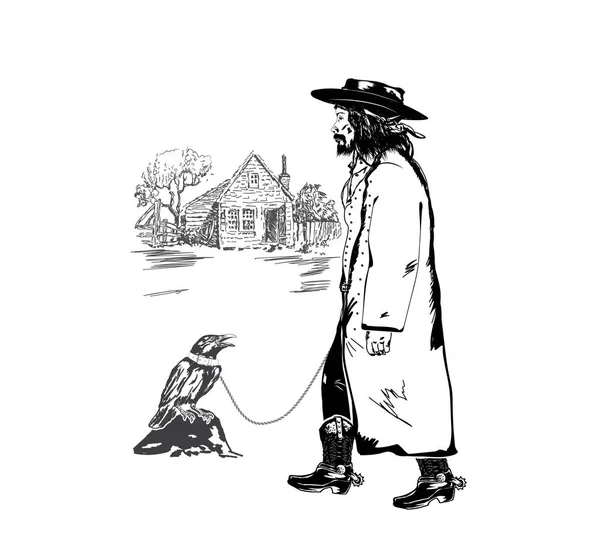 一个男人和一只乌鸦从一个村庄的房子后面的绳子上 — 图库矢量图片